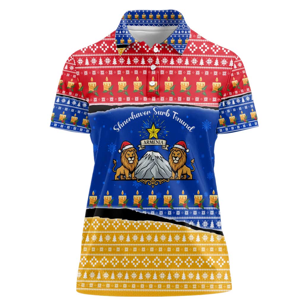 Armenia Christmas Women Polo Shirt with Shnorhavor Surb Tsnund Lions Flag Colors and Coat of Arms - Wonder Print Shop