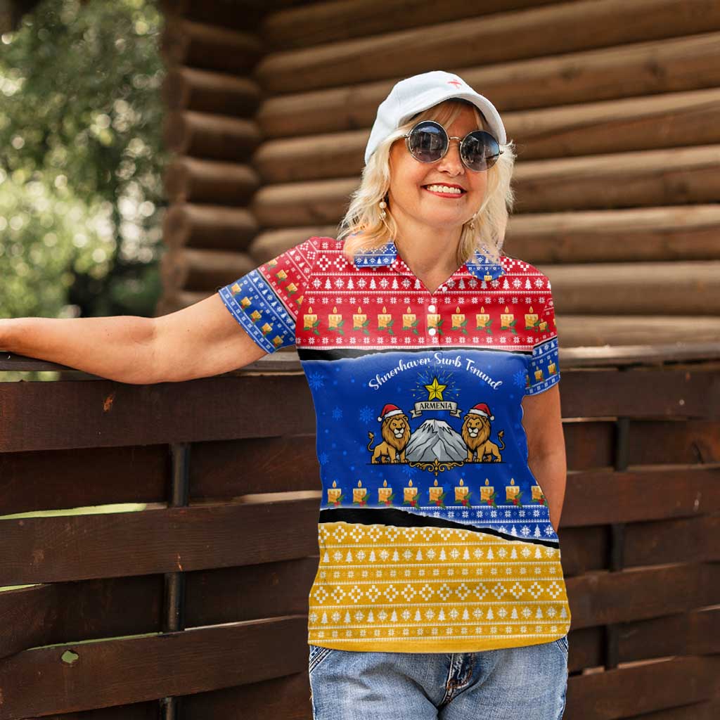 Armenia Christmas Women Polo Shirt with Shnorhavor Surb Tsnund Lions Flag Colors and Coat of Arms - Wonder Print Shop