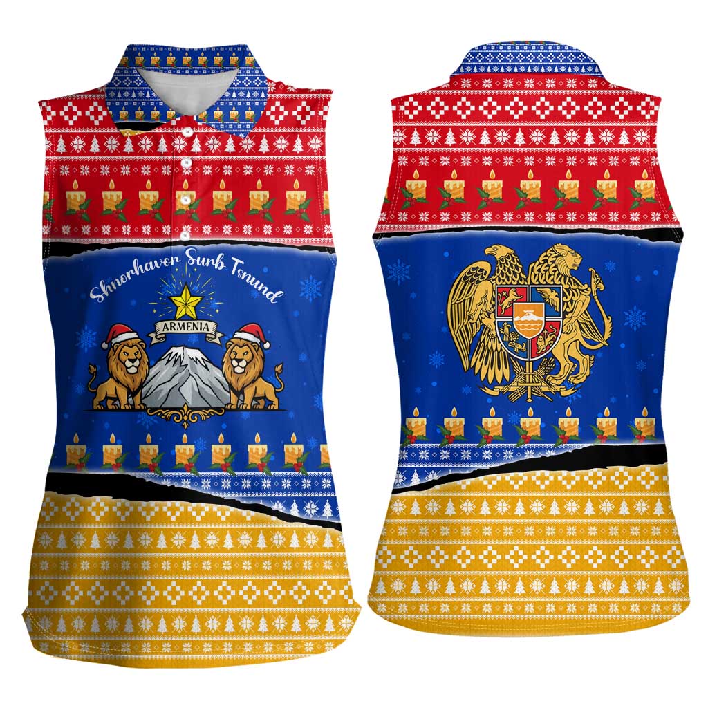 Armenia Christmas Women Sleeveless Polo Shirt with Shnorhavor Surb Tsnund Lions Flag Colors and Coat of Arms - Wonder Print Shop