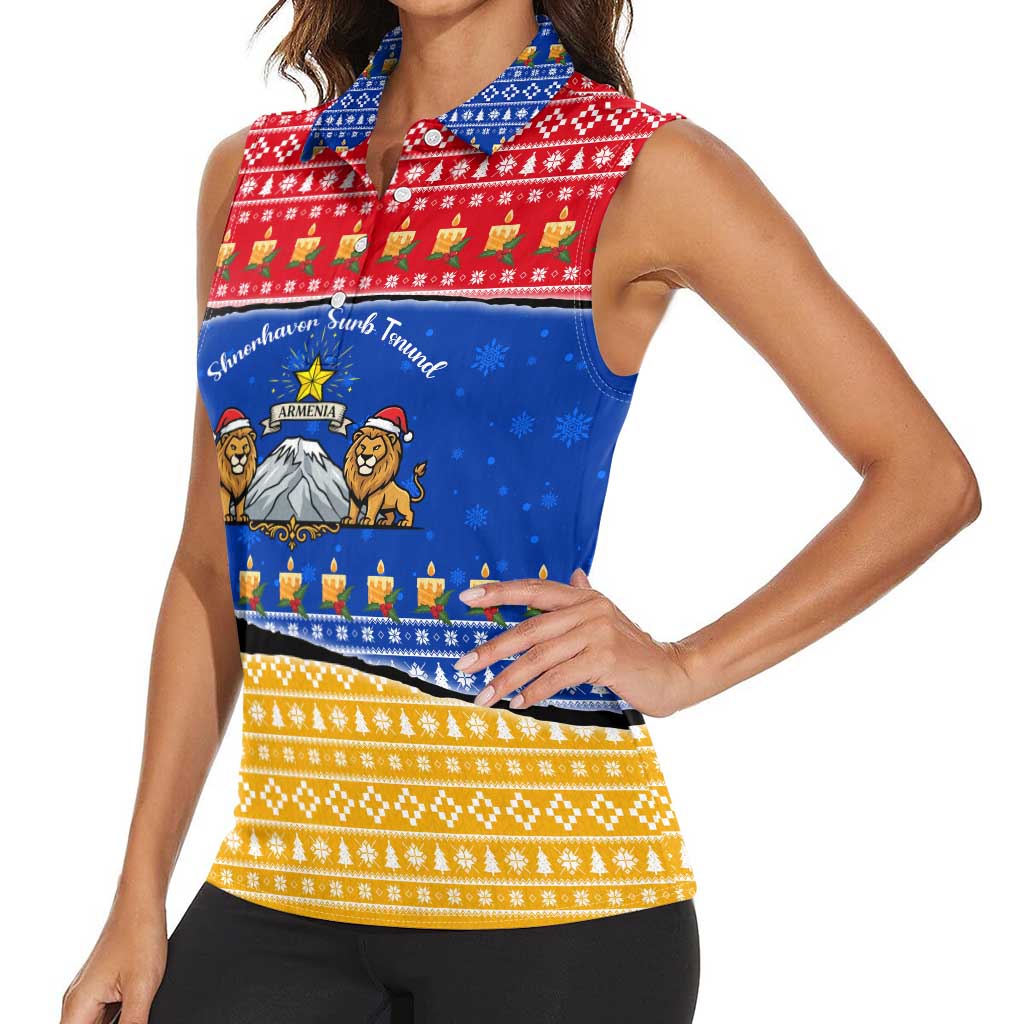 Armenia Christmas Women Sleeveless Polo Shirt with Shnorhavor Surb Tsnund Lions Flag Colors and Coat of Arms - Wonder Print Shop