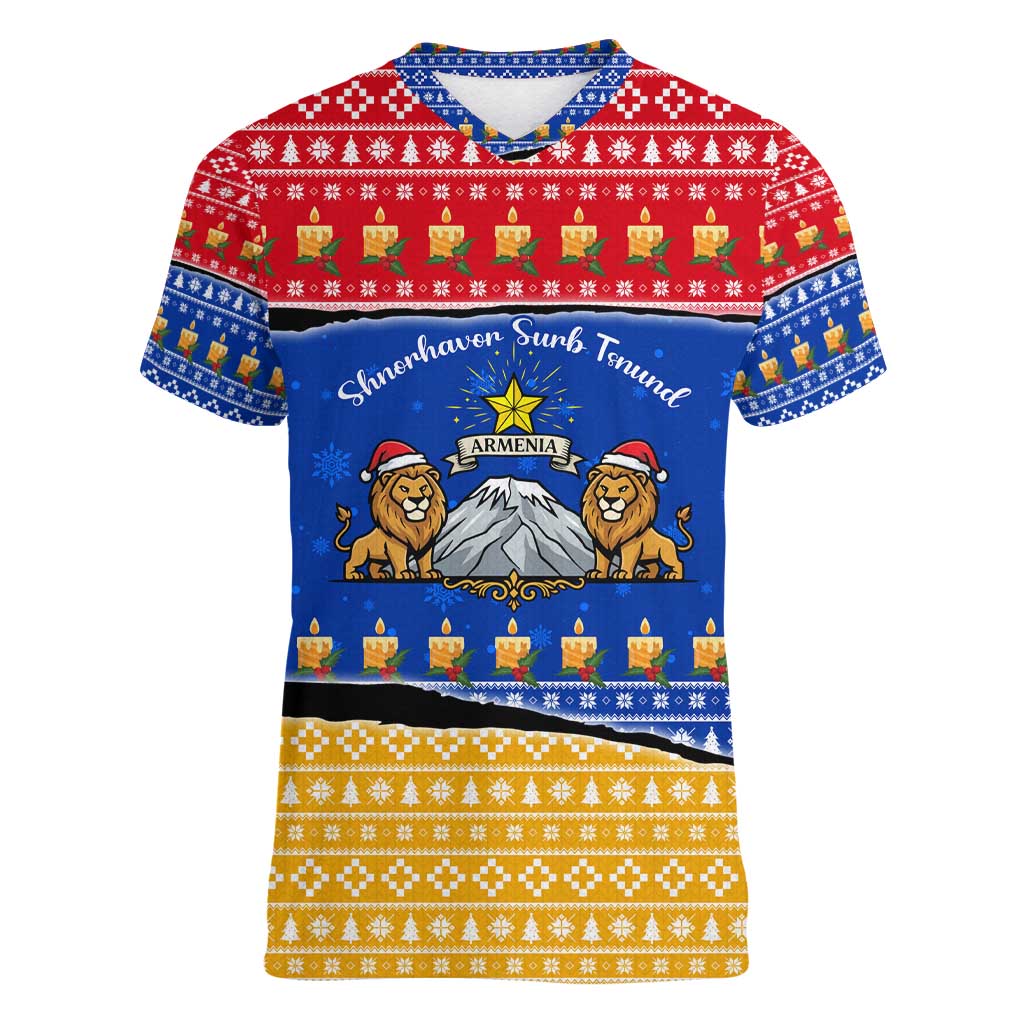 Armenia Christmas Women V-Neck T-Shirt with Shnorhavor Surb Tsnund Lions Flag Colors and Coat of Arms - Wonder Print Shop
