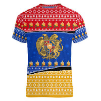 Armenia Christmas Women V-Neck T-Shirt with Shnorhavor Surb Tsnund Lions Flag Colors and Coat of Arms - Wonder Print Shop