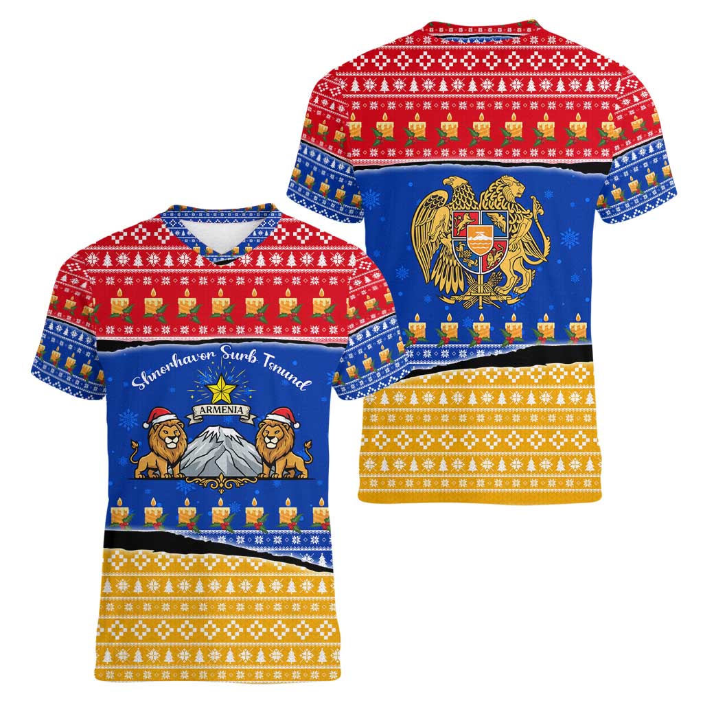 Armenia Christmas Women V-Neck T-Shirt with Shnorhavor Surb Tsnund Lions Flag Colors and Coat of Arms - Wonder Print Shop