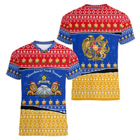 Armenia Christmas Women V-Neck T-Shirt with Shnorhavor Surb Tsnund Lions Flag Colors and Coat of Arms - Wonder Print Shop