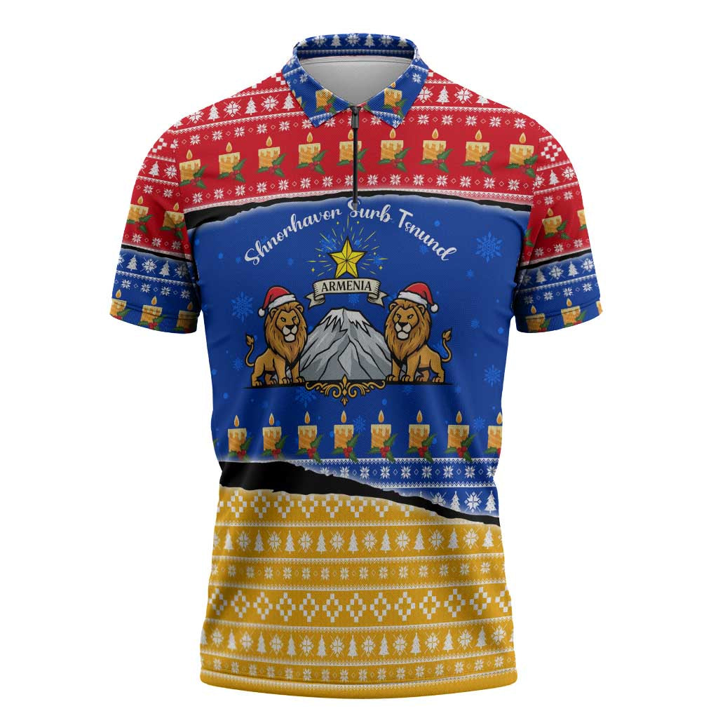 Armenia Christmas Zipper Polo Shirt with Shnorhavor Surb Tsnund Lions Flag Colors and Coat of Arms - Wonder Print Shop