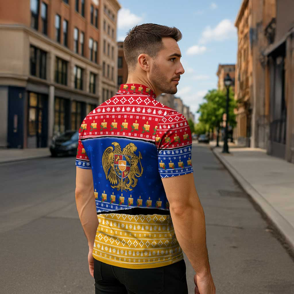 Armenia Christmas Zipper Polo Shirt with Shnorhavor Surb Tsnund Lions Flag Colors and Coat of Arms - Wonder Print Shop