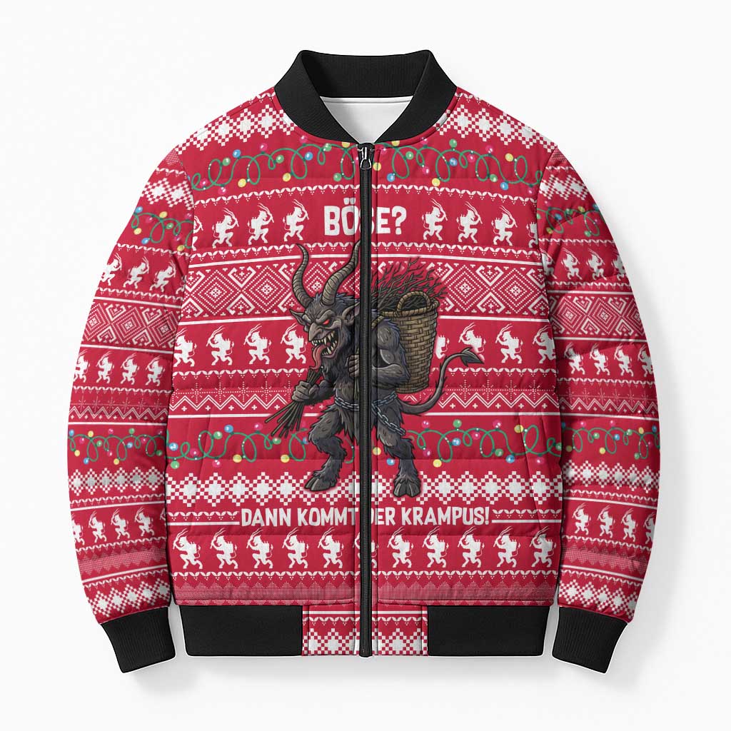 Austria Christmas Bomber Puffer Jacket with German Text Red Pattern and Festive Lights - Wonder Print Shop