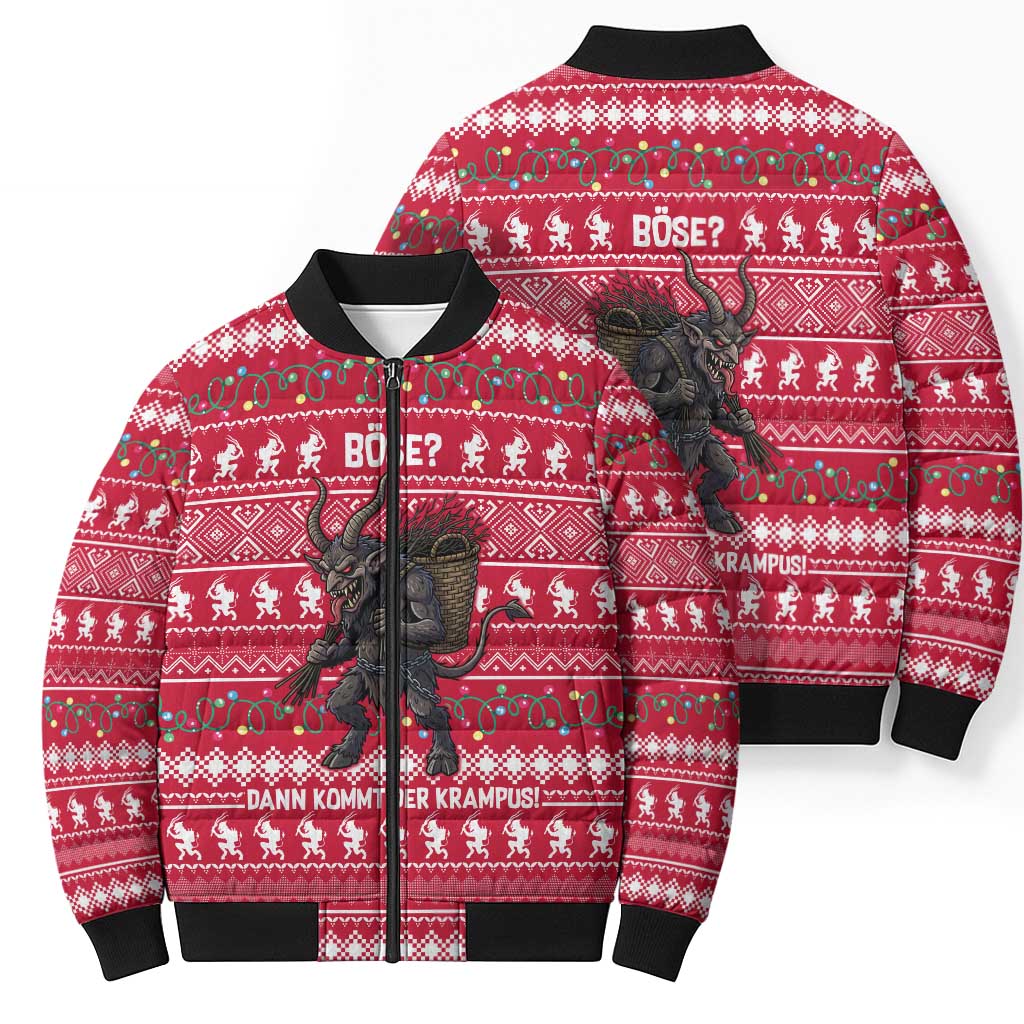 Austria Christmas Bomber Puffer Jacket with German Text Red Pattern and Festive Lights - Wonder Print Shop
