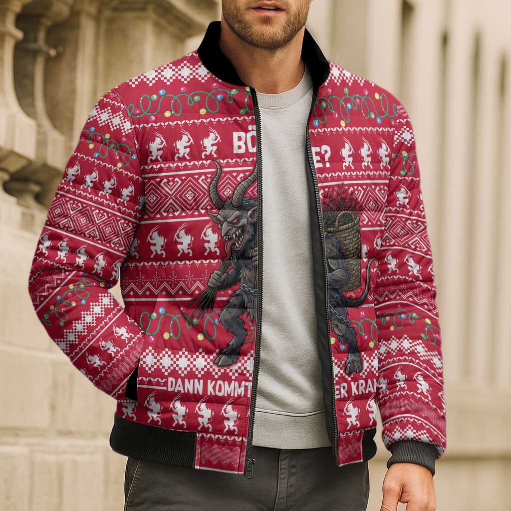 Austria Christmas Bomber Puffer Jacket with German Text Red Pattern and Festive Lights - Wonder Print Shop