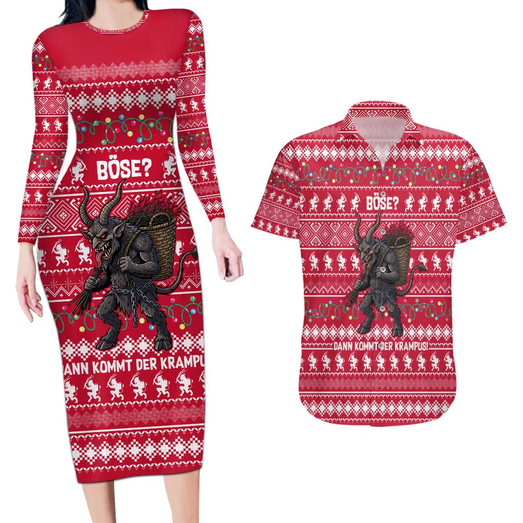 Austria Christmas Couples Matching Long Sleeve Bodycon Dress and Hawaiian Shirt with German Text Red Pattern and Festive Lights - Wonder Print Shop
