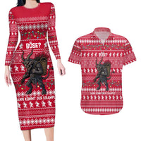 Austria Christmas Couples Matching Long Sleeve Bodycon Dress and Hawaiian Shirt with German Text Red Pattern and Festive Lights - Wonder Print Shop