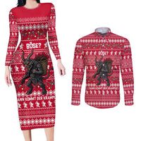 Austria Christmas Couples Matching Long Sleeve Bodycon Dress and Long Sleeve Button Shirt with German Text Red Pattern and Festive Lights - Wonder Print Shop