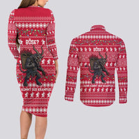 Austria Christmas Couples Matching Long Sleeve Bodycon Dress and Long Sleeve Button Shirt with German Text Red Pattern and Festive Lights - Wonder Print Shop