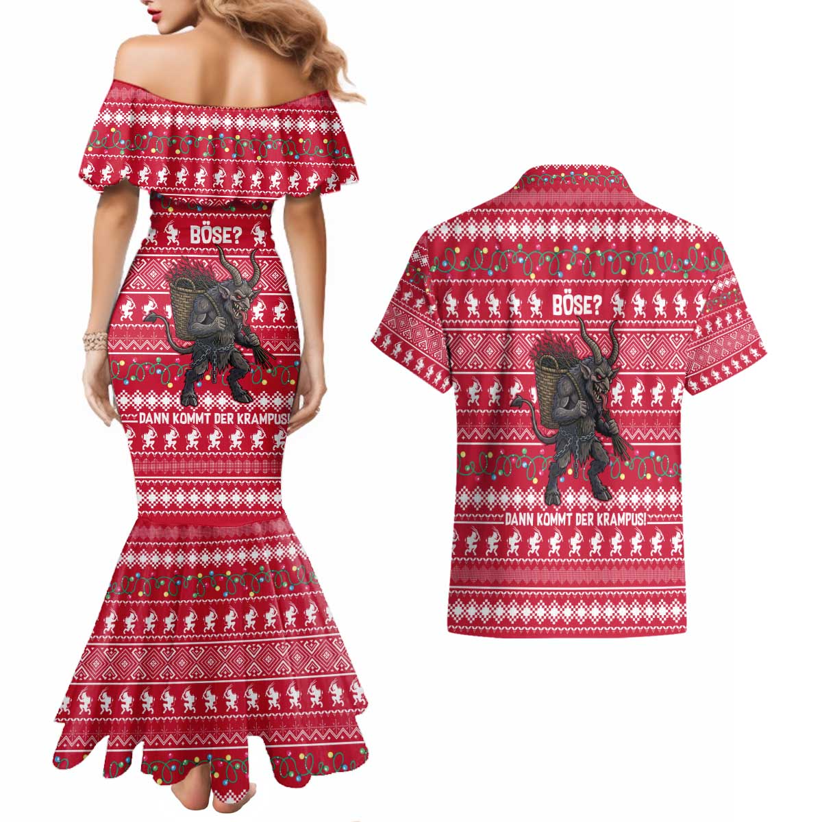 Austria Christmas Couples Matching Mermaid Dress and Hawaiian Shirt with German Text Red Pattern and Festive Lights - Wonder Print Shop