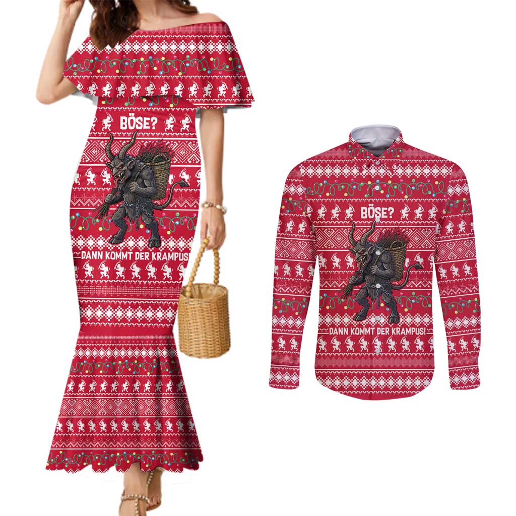 Austria Christmas Couples Matching Mermaid Dress and Long Sleeve Button Shirt with German Text Red Pattern and Festive Lights - Wonder Print Shop