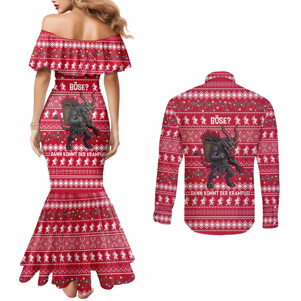 Austria Christmas Couples Matching Mermaid Dress and Long Sleeve Button Shirt with German Text Red Pattern and Festive Lights - Wonder Print Shop