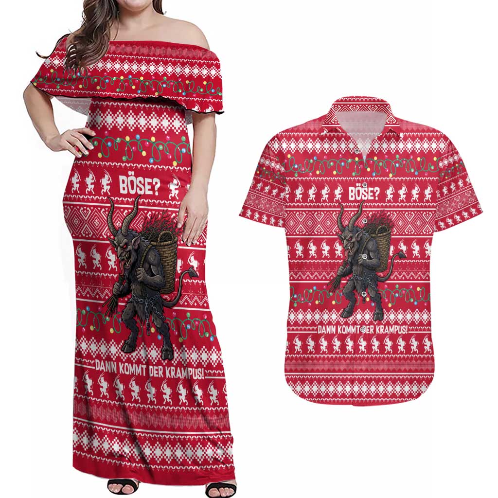 Austria Christmas Couples Matching Off Shoulder Maxi Dress and Hawaiian Shirt with German Text Red Pattern and Festive Lights - Wonder Print Shop