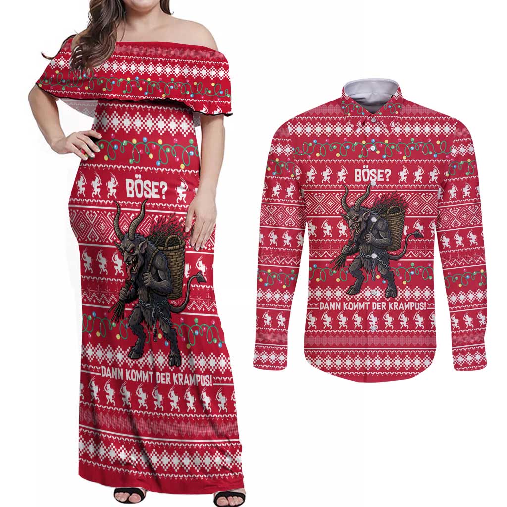 Austria Christmas Couples Matching Off Shoulder Maxi Dress and Long Sleeve Button Shirt with German Text Red Pattern and Festive Lights - Wonder Print Shop