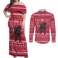 Austria Christmas Couples Matching Off Shoulder Maxi Dress and Long Sleeve Button Shirt with German Text Red Pattern and Festive Lights - Wonder Print Shop