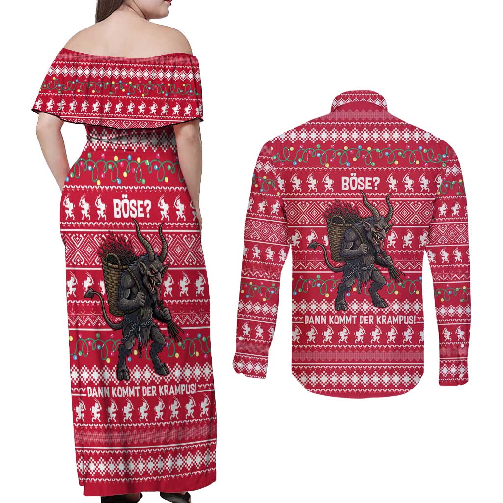 Austria Christmas Couples Matching Off Shoulder Maxi Dress and Long Sleeve Button Shirt with German Text Red Pattern and Festive Lights - Wonder Print Shop