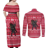 Austria Christmas Couples Matching Off Shoulder Maxi Dress and Long Sleeve Button Shirt with German Text Red Pattern and Festive Lights - Wonder Print Shop