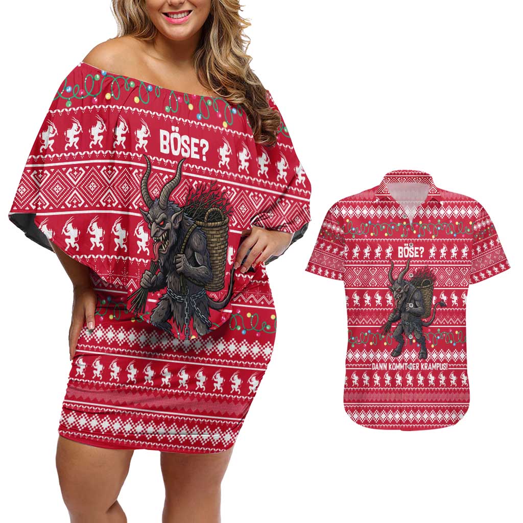 Austria Christmas Couples Matching Off Shoulder Short Dress and Hawaiian Shirt with German Text Red Pattern and Festive Lights - Wonder Print Shop