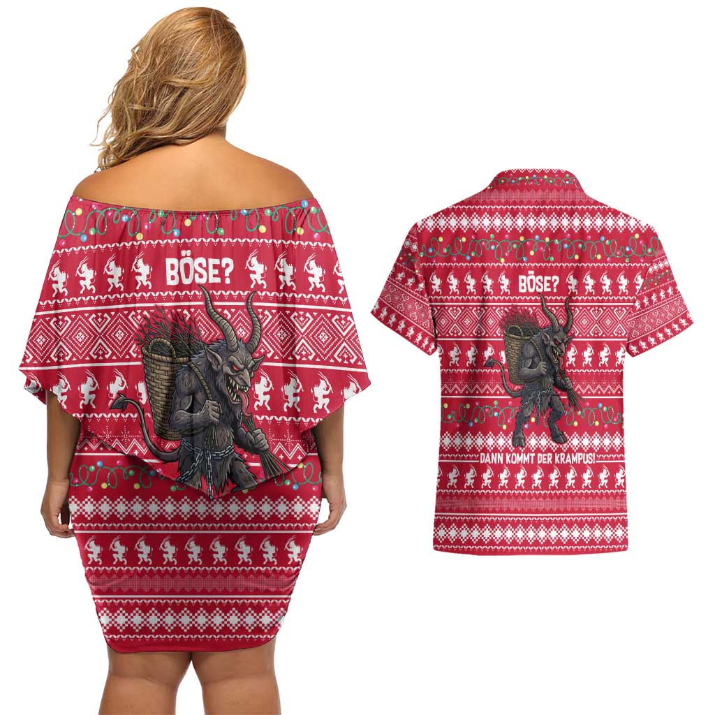 Austria Christmas Couples Matching Off Shoulder Short Dress and Hawaiian Shirt with German Text Red Pattern and Festive Lights - Wonder Print Shop