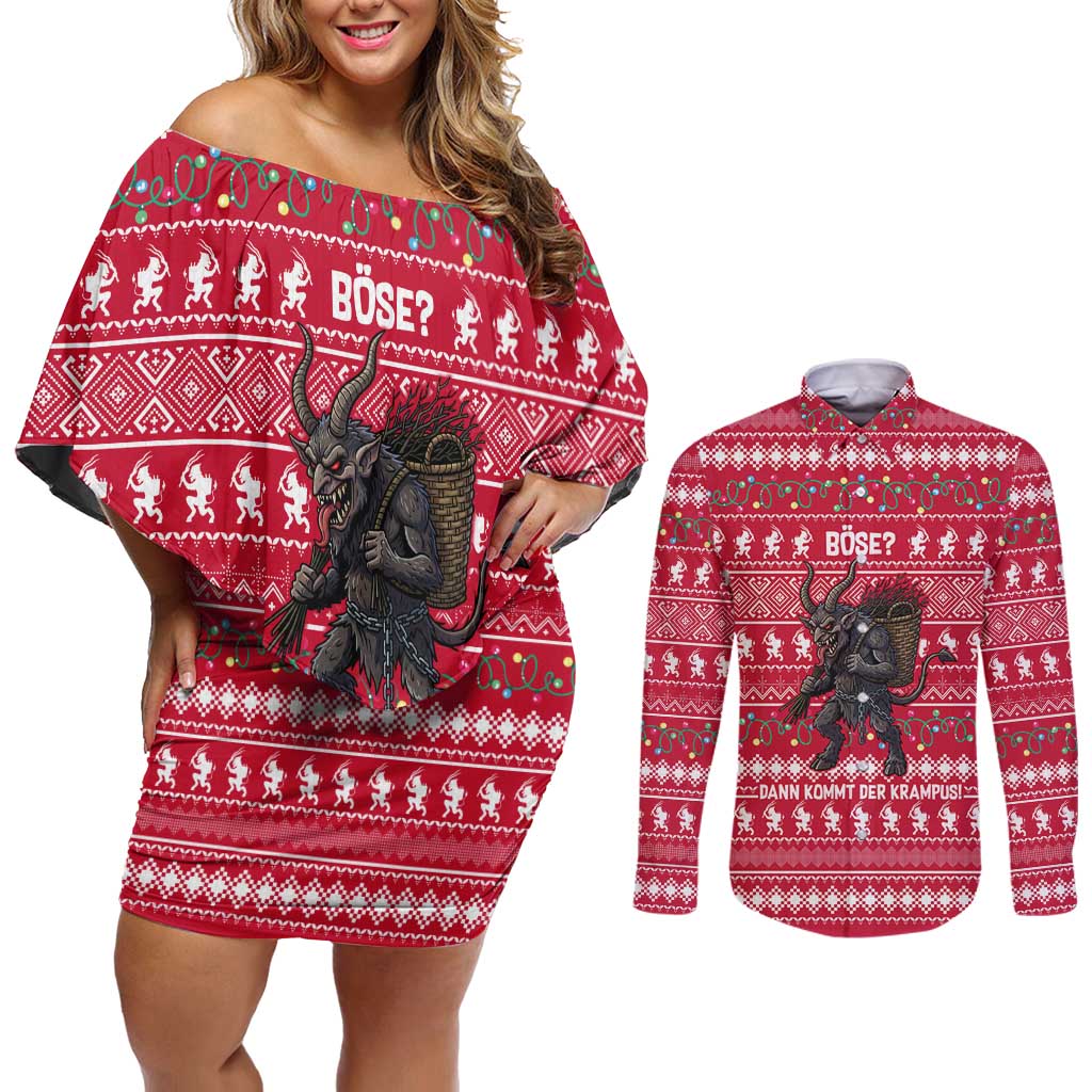 Austria Christmas Couples Matching Off Shoulder Short Dress and Long Sleeve Button Shirt with German Text Red Pattern and Festive Lights - Wonder Print Shop