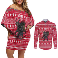 Austria Christmas Couples Matching Off Shoulder Short Dress and Long Sleeve Button Shirt with German Text Red Pattern and Festive Lights - Wonder Print Shop