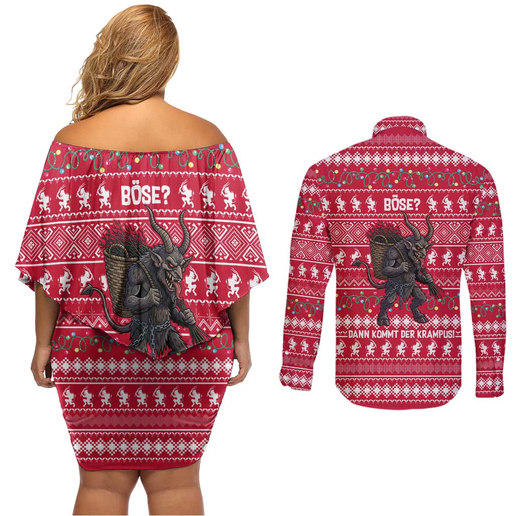 Austria Christmas Couples Matching Off Shoulder Short Dress and Long Sleeve Button Shirt with German Text Red Pattern and Festive Lights - Wonder Print Shop