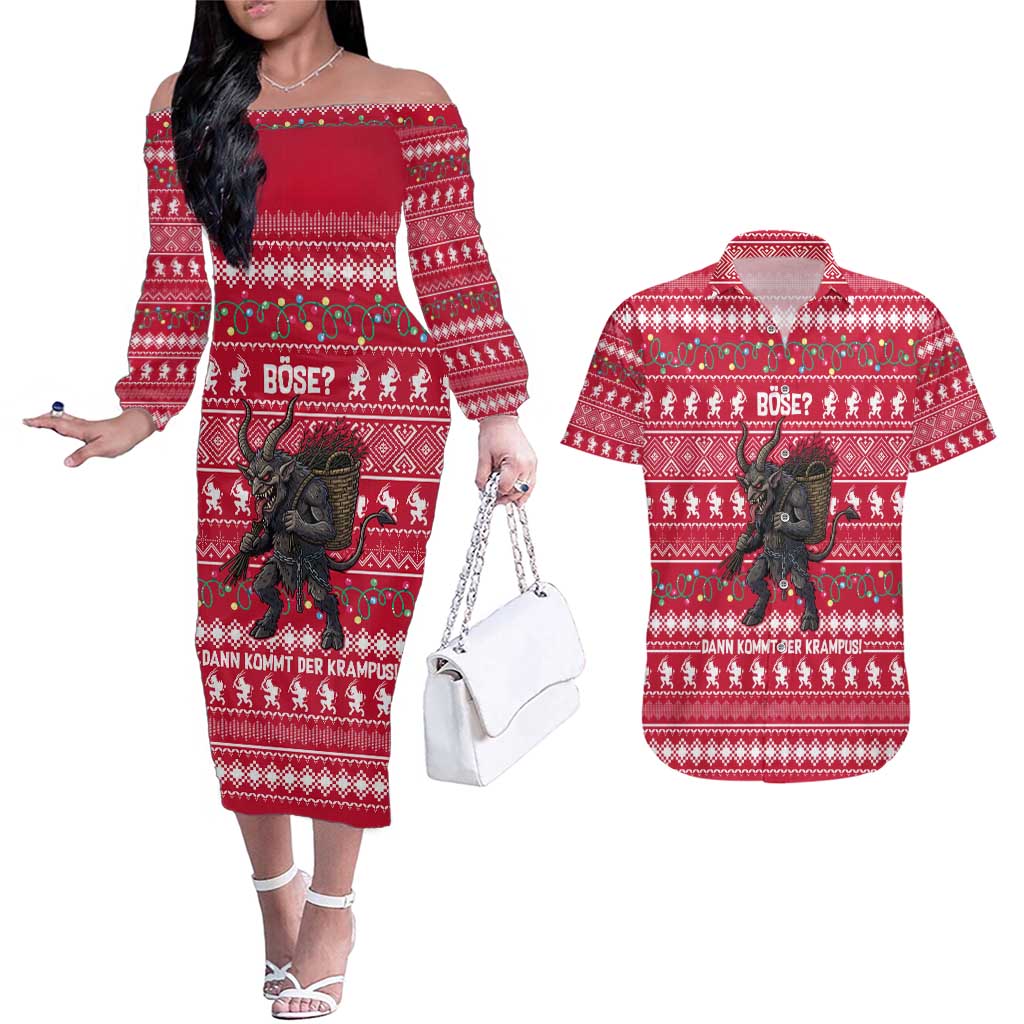 Austria Christmas Couples Matching Off The Shoulder Long Sleeve Dress and Hawaiian Shirt with German Text Red Pattern and Festive Lights - Wonder Print Shop