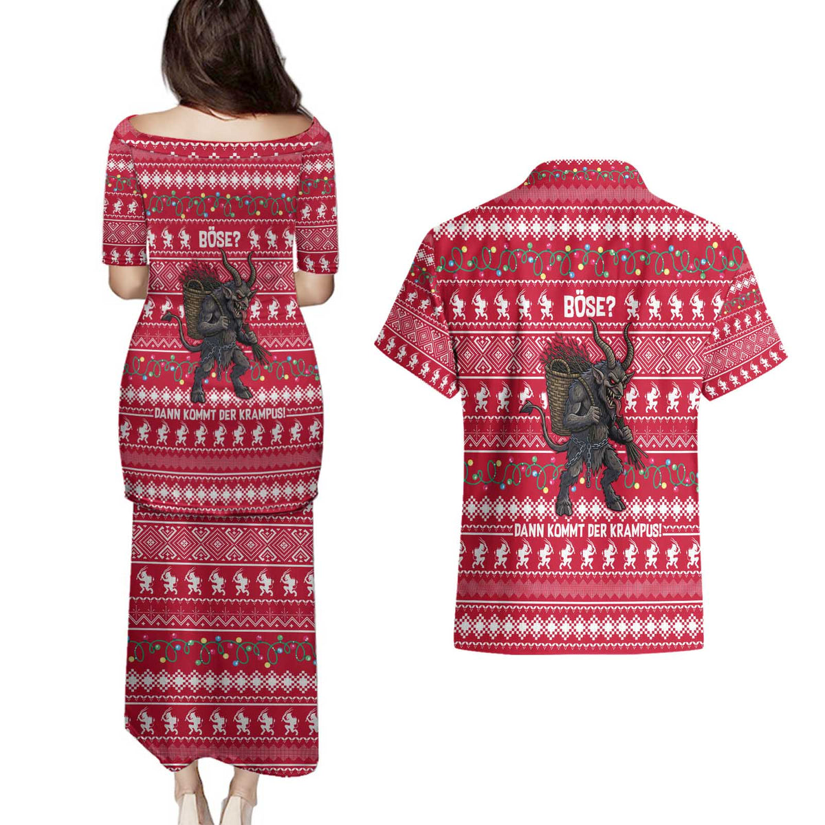 Austria Christmas Couples Matching Puletasi and Hawaiian Shirt with German Text Red Pattern and Festive Lights - Wonder Print Shop