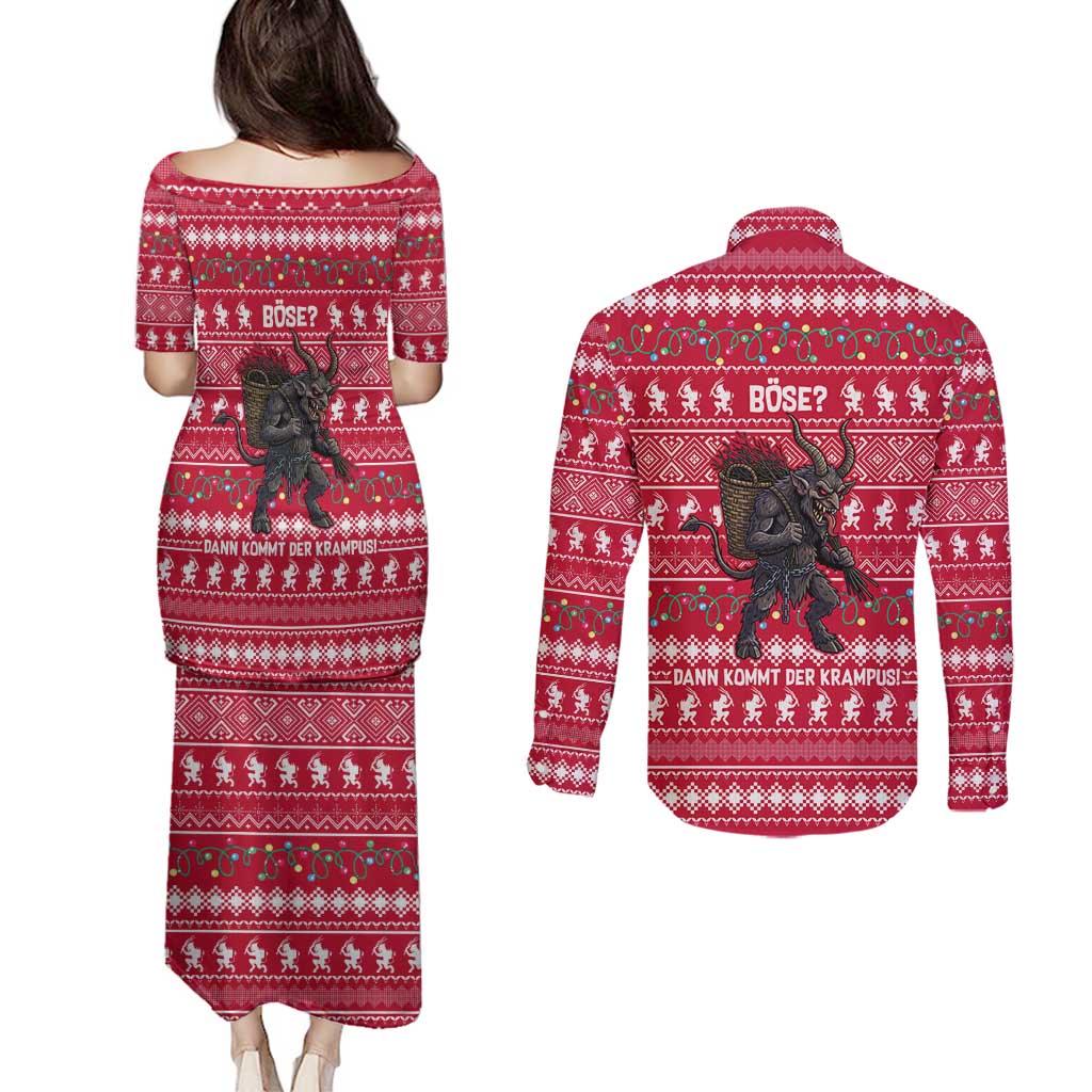Austria Christmas Couples Matching Puletasi and Long Sleeve Button Shirt with German Text Red Pattern and Festive Lights - Wonder Print Shop