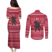 Austria Christmas Couples Matching Puletasi and Long Sleeve Button Shirt with German Text Red Pattern and Festive Lights - Wonder Print Shop