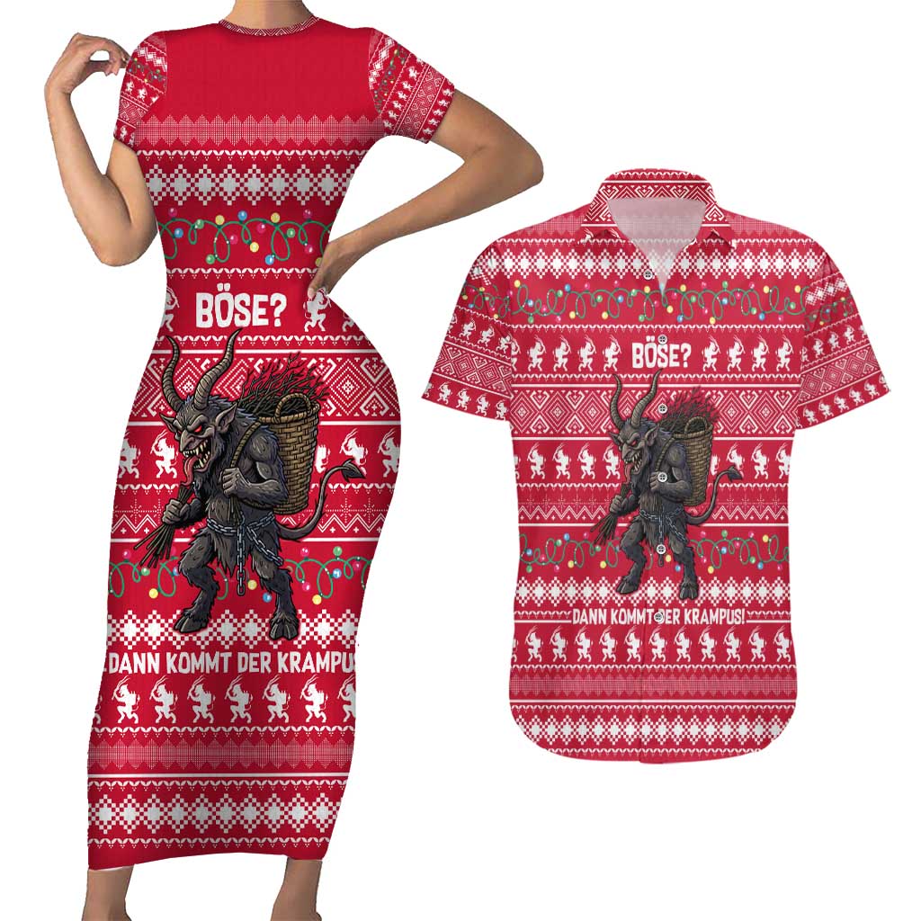 Austria Christmas Couples Matching Short Sleeve Bodycon Dress and Hawaiian Shirt with German Text Red Pattern and Festive Lights - Wonder Print Shop