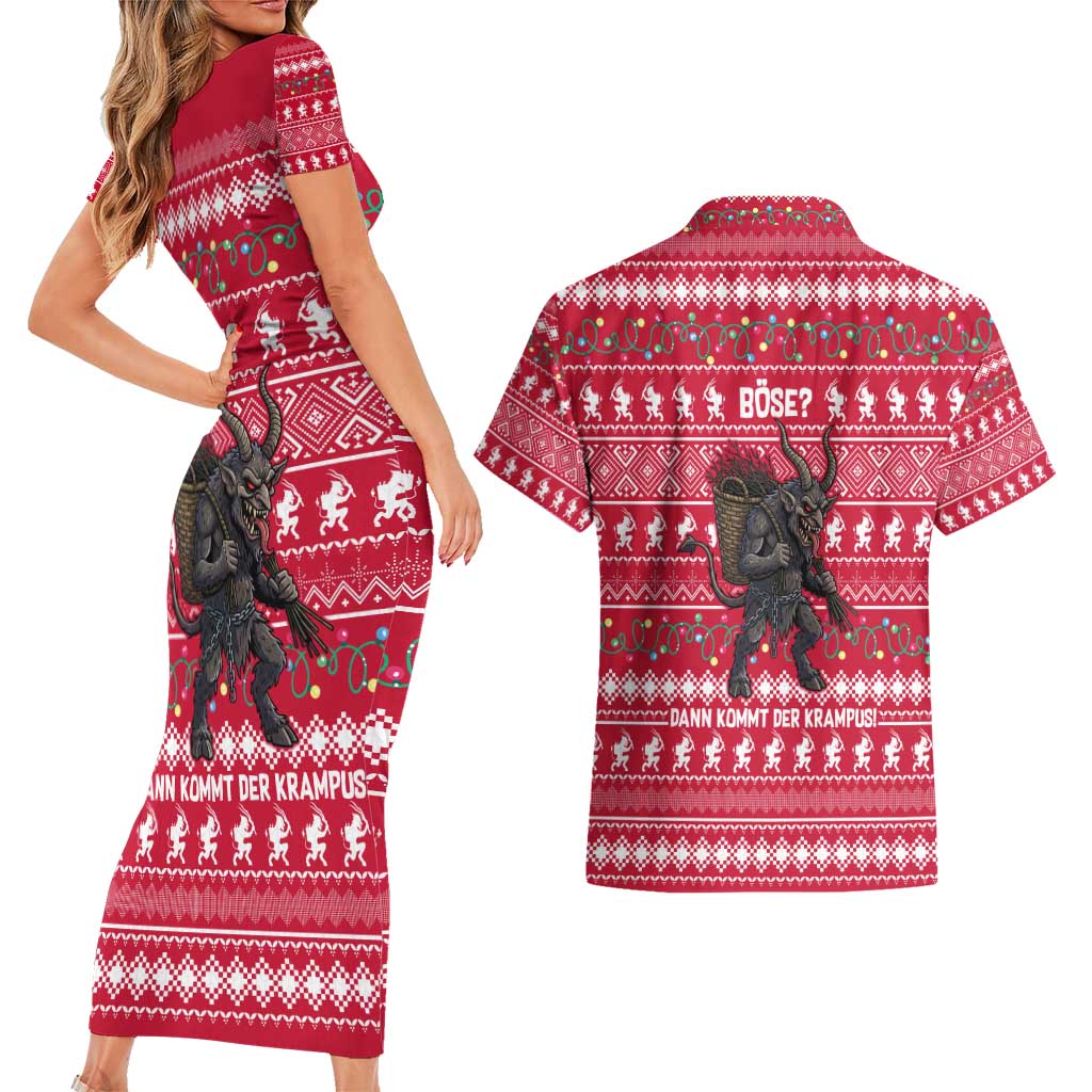 Austria Christmas Couples Matching Short Sleeve Bodycon Dress and Hawaiian Shirt with German Text Red Pattern and Festive Lights - Wonder Print Shop