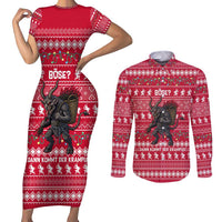 Austria Christmas Couples Matching Short Sleeve Bodycon Dress and Long Sleeve Button Shirt with German Text Red Pattern and Festive Lights - Wonder Print Shop