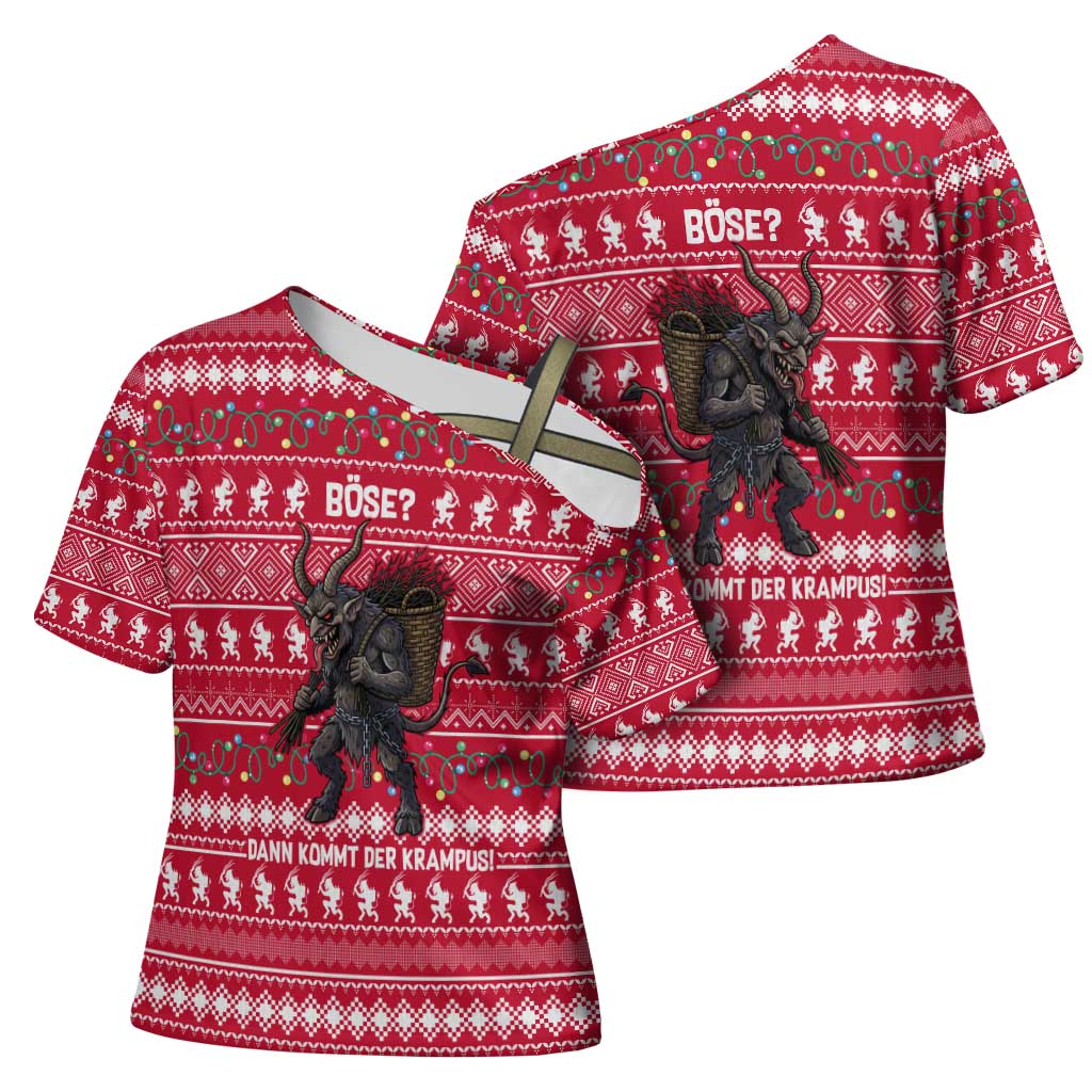 Austria Christmas Cross Shoulder Shirt with German Text Red Pattern and Festive Lights - Wonder Print Shop