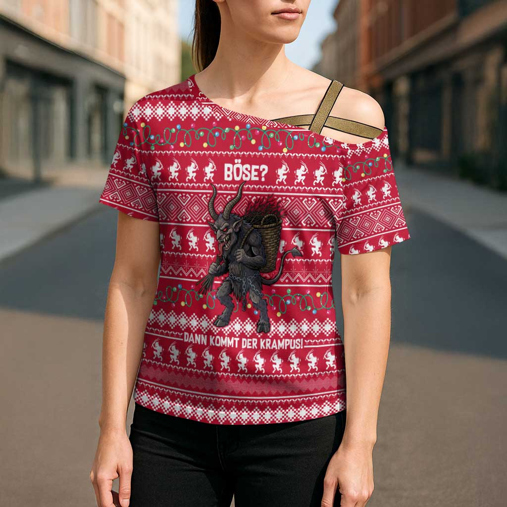 Austria Christmas Cross Shoulder Shirt with German Text Red Pattern and Festive Lights - Wonder Print Shop