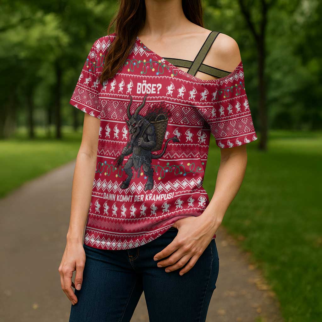 Austria Christmas Cross Shoulder Shirt with German Text Red Pattern and Festive Lights - Wonder Print Shop