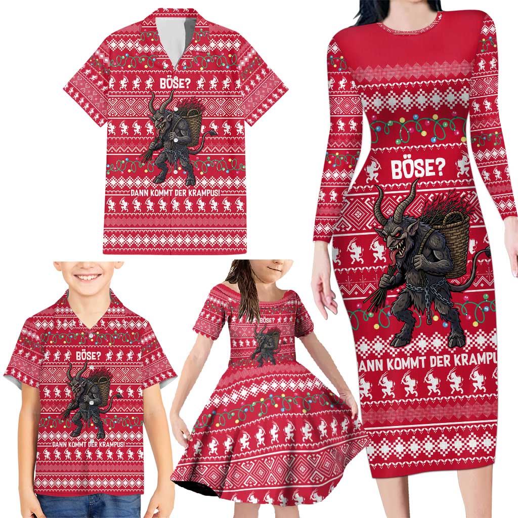 Austria Christmas Family Matching Long Sleeve Bodycon Dress and Hawaiian Shirt with German Text Red Pattern and Festive Lights - Wonder Print Shop