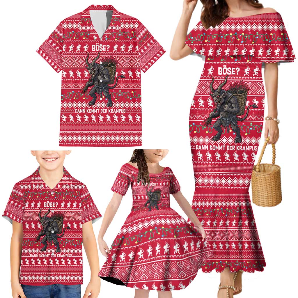 Austria Christmas Family Matching Mermaid Dress and Hawaiian Shirt with German Text Red Pattern and Festive Lights - Wonder Print Shop