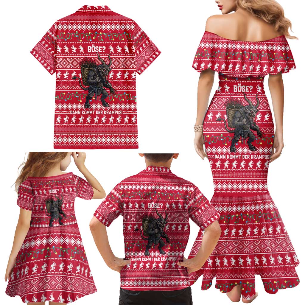 Austria Christmas Family Matching Mermaid Dress and Hawaiian Shirt with German Text Red Pattern and Festive Lights - Wonder Print Shop