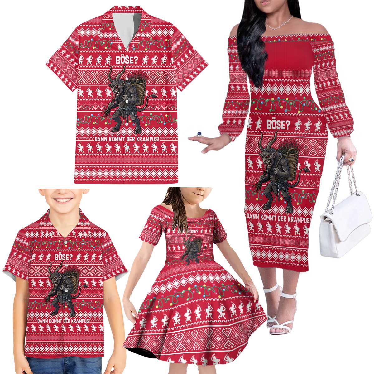 Austria Christmas Family Matching Off The Shoulder Long Sleeve Dress and Hawaiian Shirt with German Text Red Pattern and Festive Lights - Wonder Print Shop