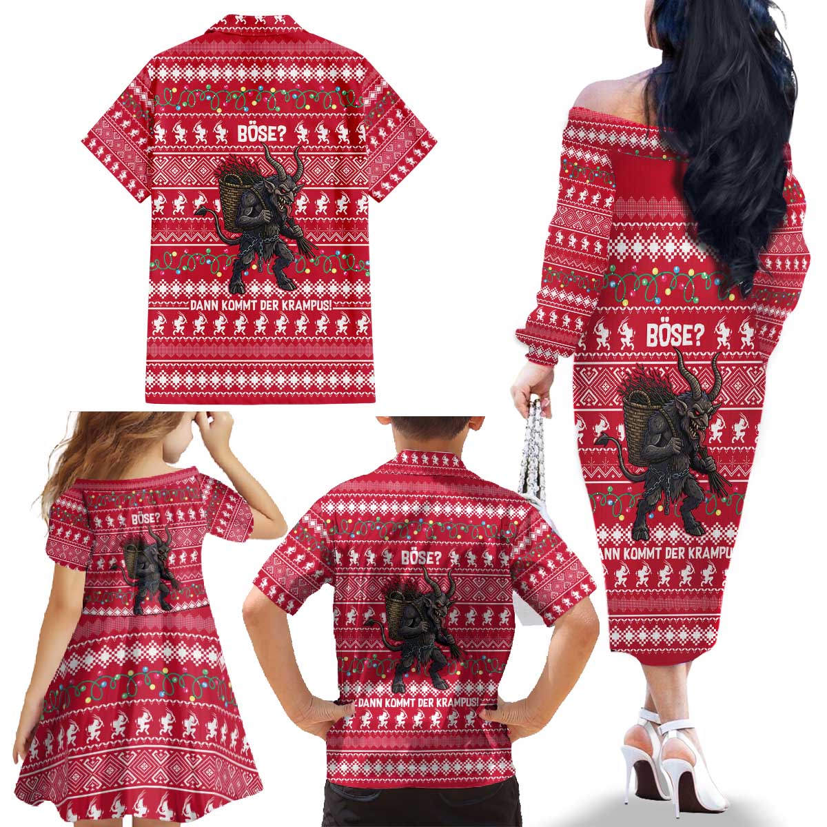 Austria Christmas Family Matching Off The Shoulder Long Sleeve Dress and Hawaiian Shirt with German Text Red Pattern and Festive Lights - Wonder Print Shop