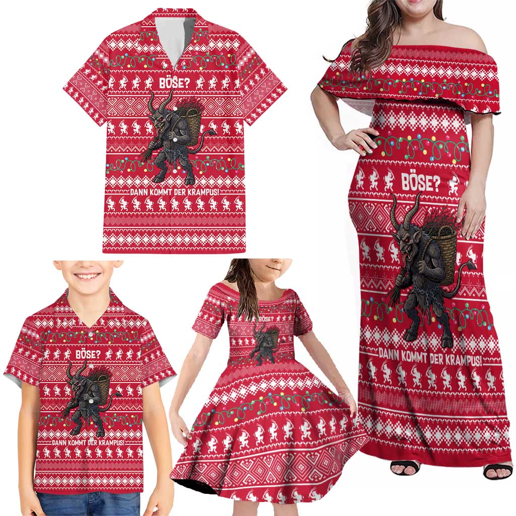 Austria Christmas Family Matching Off Shoulder Maxi Dress and Hawaiian Shirt with German Text Red Pattern and Festive Lights - Wonder Print Shop