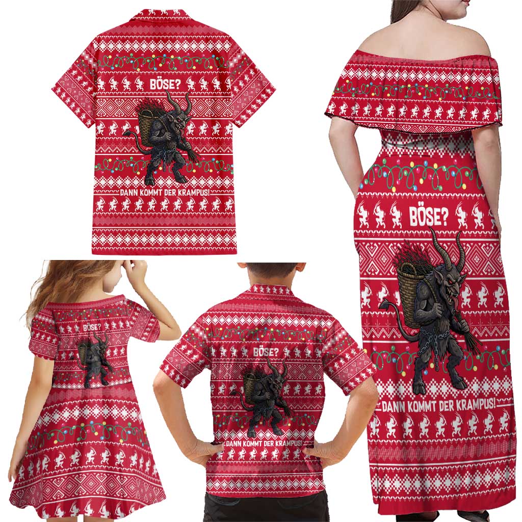 Austria Christmas Family Matching Off Shoulder Maxi Dress and Hawaiian Shirt with German Text Red Pattern and Festive Lights - Wonder Print Shop
