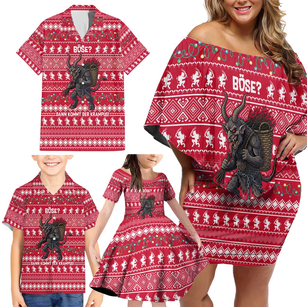 Austria Christmas Family Matching Off Shoulder Short Dress and Hawaiian Shirt with German Text Red Pattern and Festive Lights - Wonder Print Shop