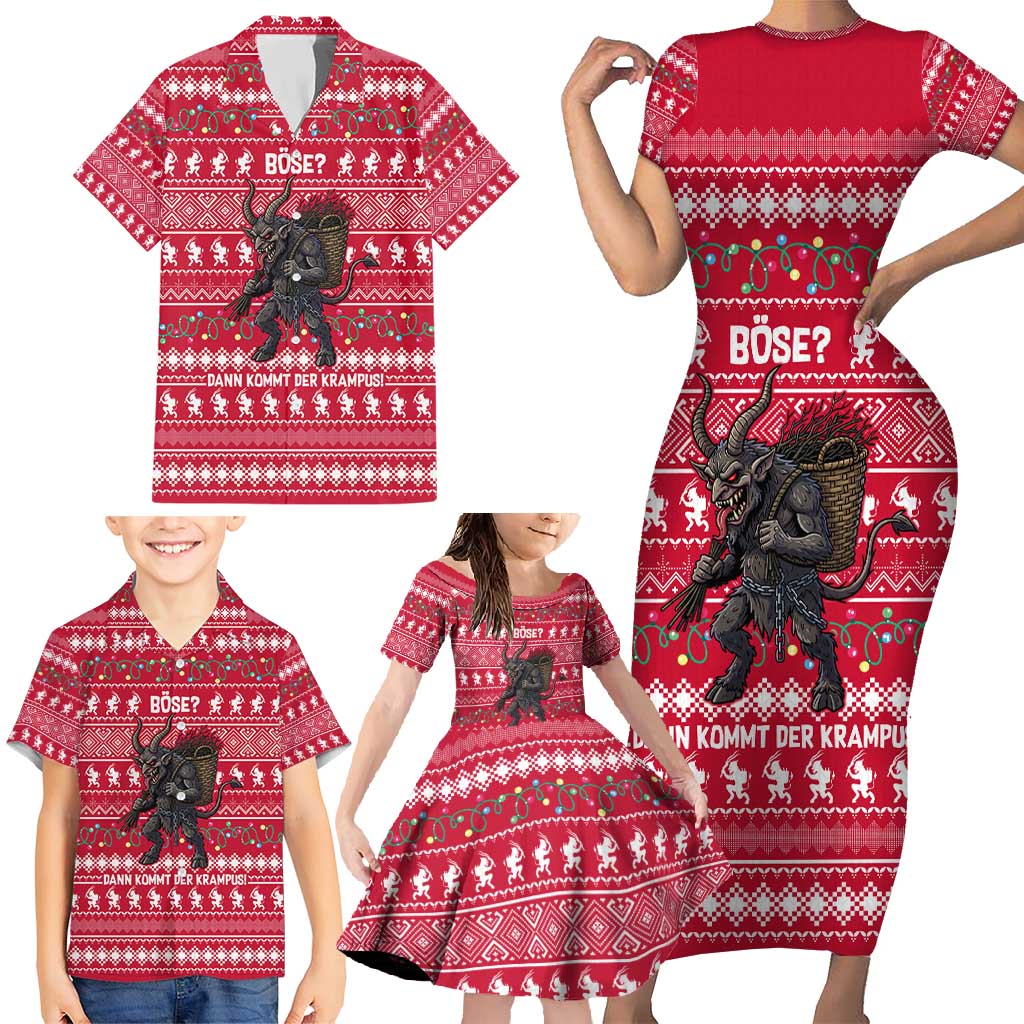 Austria Christmas Family Matching Short Sleeve Bodycon Dress and Hawaiian Shirt with German Text Red Pattern and Festive Lights - Wonder Print Shop