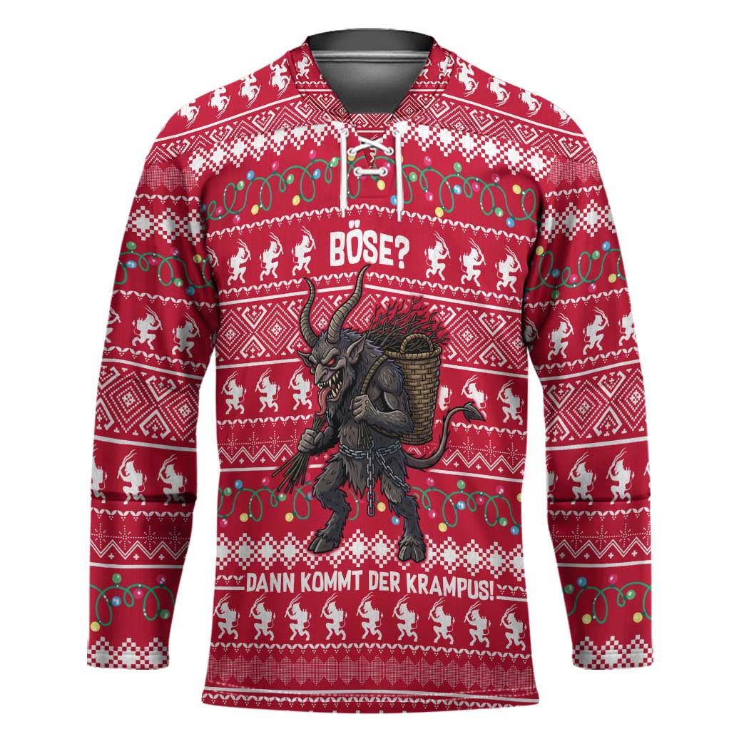 Austria Christmas Hockey Jersey with German Text Red Pattern and Festive Lights - Wonder Print Shop